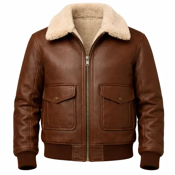 Men's brown leather aviator jacket with shearling collar